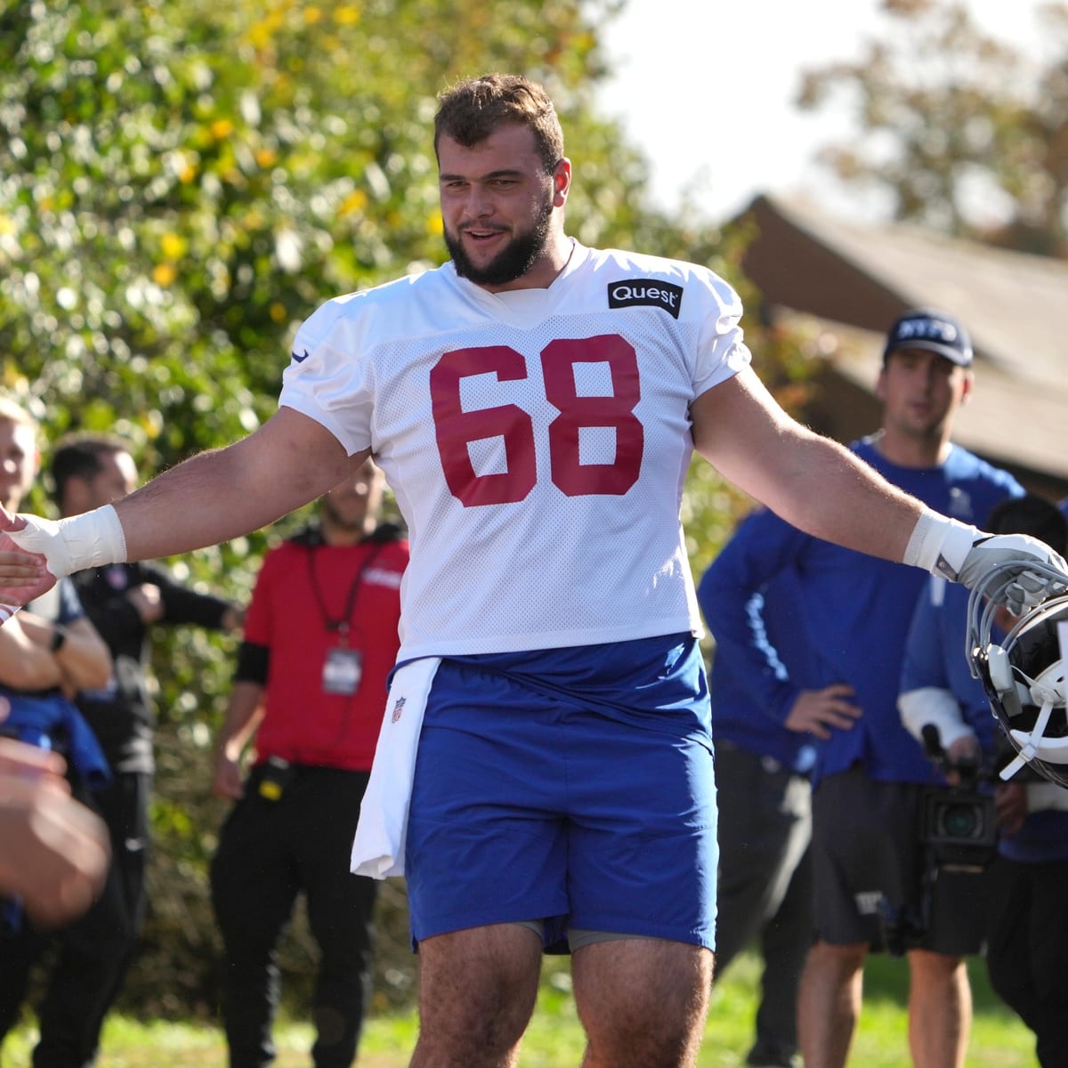 New York Giants guard Ben Bredeson (68) stands on the sideline during an  NFL football game against the Las Vegas Raiders, Sunday, Nov. 7, 2021, in  East Rutherford. N.J. The New York