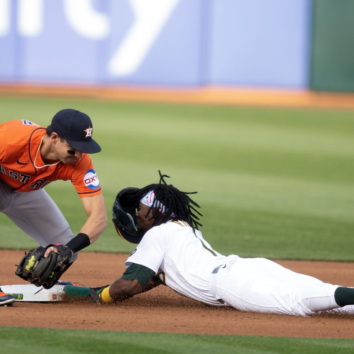 Esteury Ruiz of the Oakland Athletics fields during the game