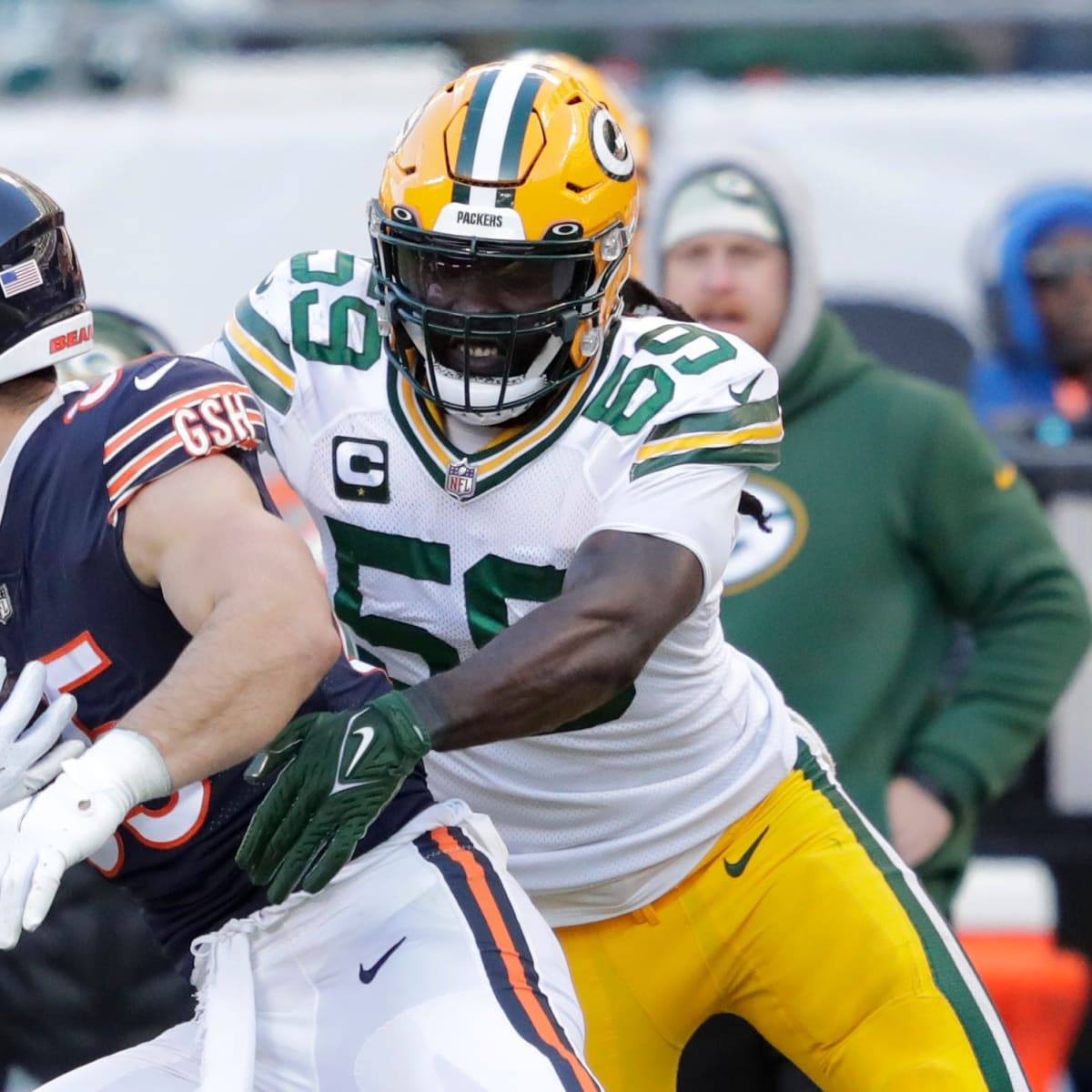 Green Bay Packers inside linebacker De'Vondre Campbell (59) defends during  an NFL football game against the Los Angeles Rams Sunday, Nov 28. 2021, in Green  Bay, Wis. (AP Photo/Jeffrey Phelps Stock Photo 