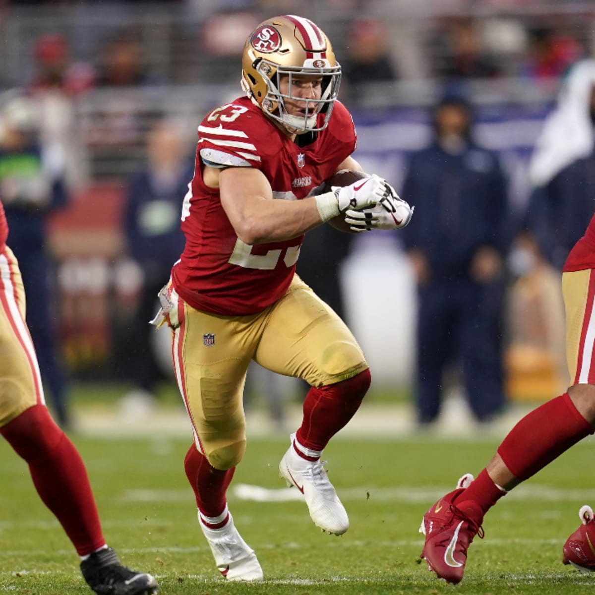 San Francisco 49ers running back Christian McCaffrey in action during the  NFC Championship NFL football game on Sunday, Jan. 29, 2023, in  Philadelphia. (AP Photo/Matt Rourke Stock Photo - Alamy