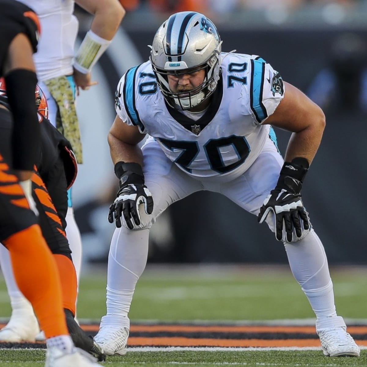 Carolina Panthers offensive tackle Brady Christensen (70) lines up