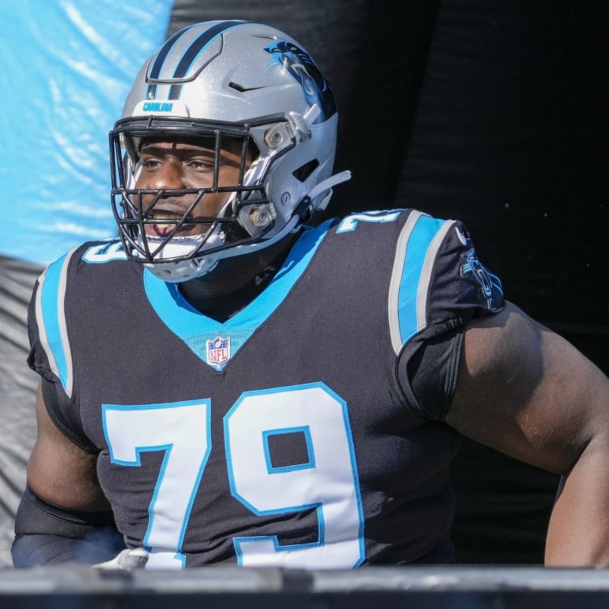 Carolina Panthers offensive tackle Ikem Ekwonu (79) gets set