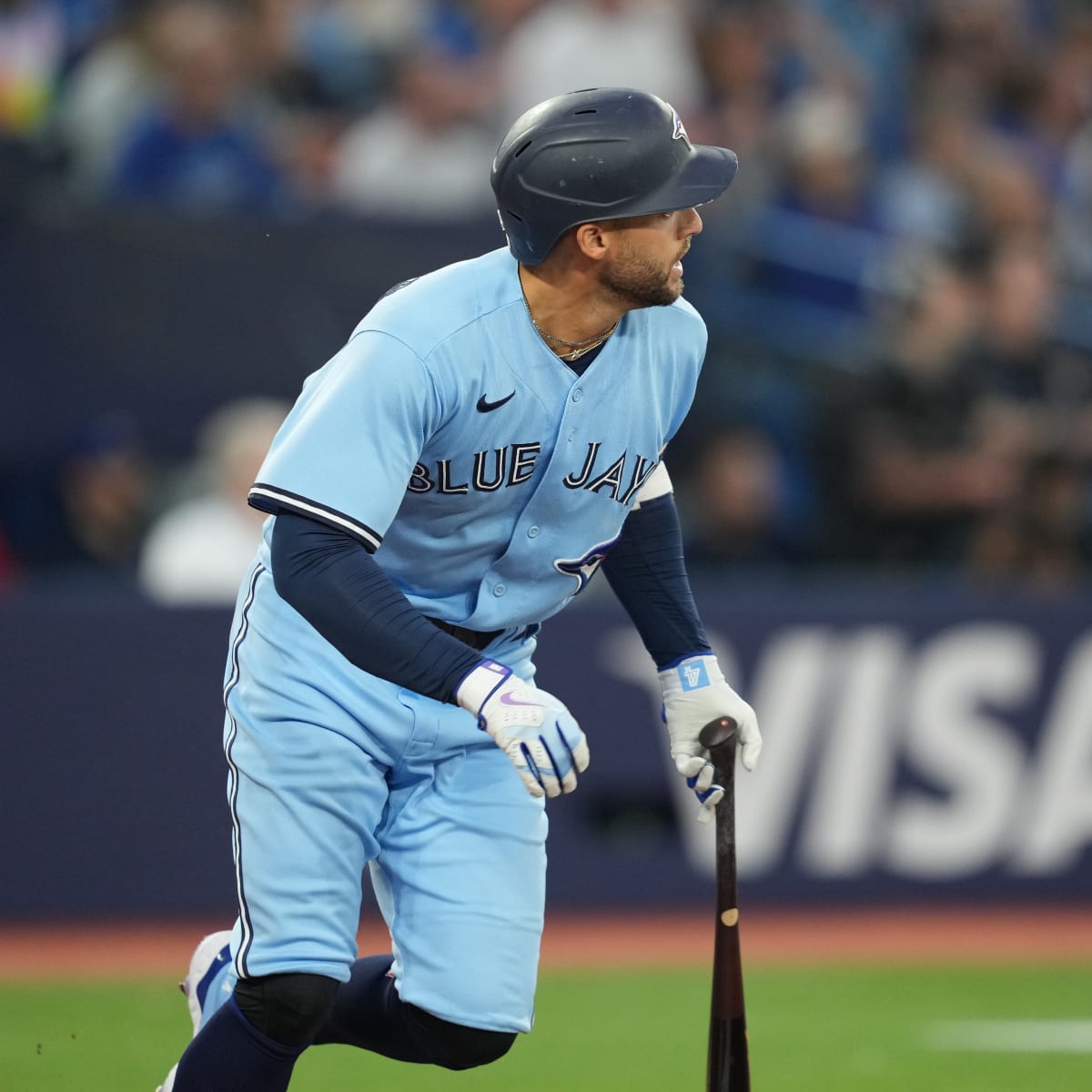 Toronto Blue Jays' Kevin Kiermaier reacts after striking out