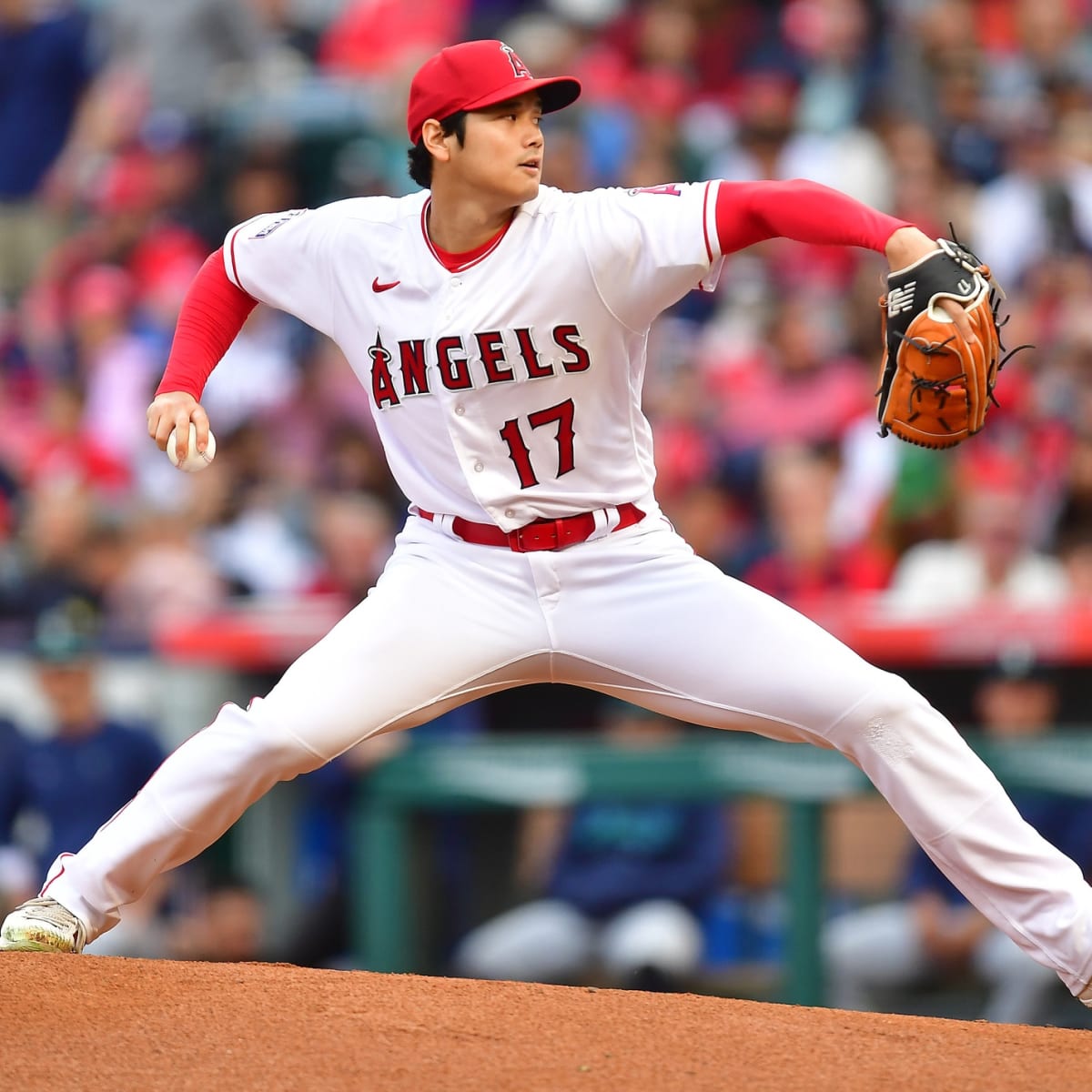 Anaheim, United States. 27th Apr, 2022. Los Angeles Angels pitcher Shohei  Ohtani (17) prepares to pitch the ball during an MLB regular season game  against the Cleveland Guardians, Wednesday, April 27th, 2022