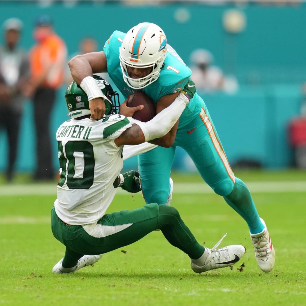 New York Jets cornerback Michael Carter II (30) against the