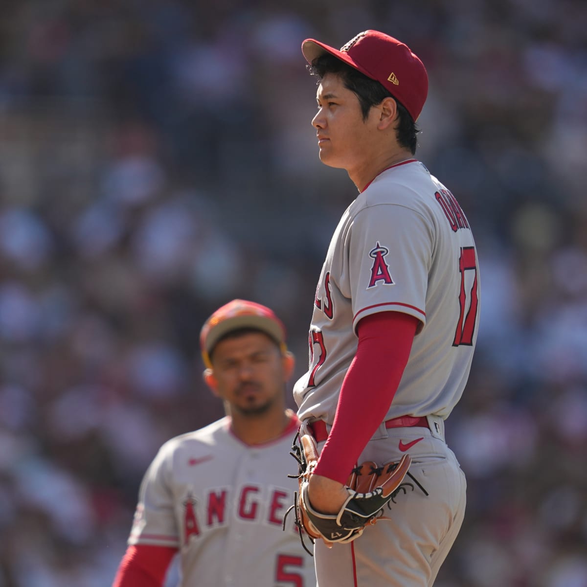 Shohei Ohtani of the Los Angeles Angels walks to the dressing room
