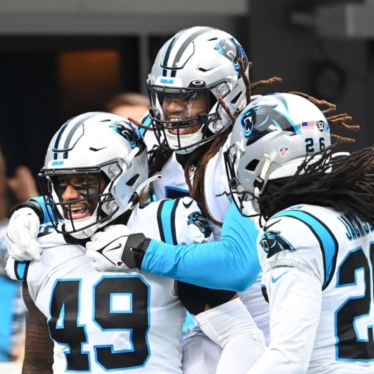 Carolina Panthers linebacker Frankie Luvu (49) looks on during an