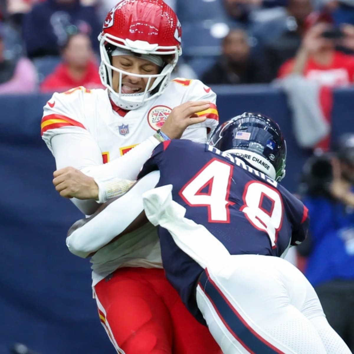 Houston Texans linebacker Christian Harris (48) looks to defend