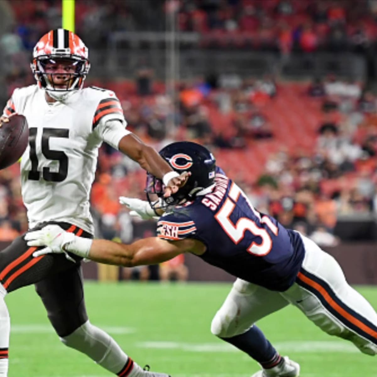 Chicago Bears linebacker Jack Sanborn (57) during an NFL Preseason football  game against the Seattle Seahawks, Thursday, Aug. 18, 2022, in Seattle, WA.  The Bears defeated the Seahawks 27-11. (AP Photo/Ben VanHouten