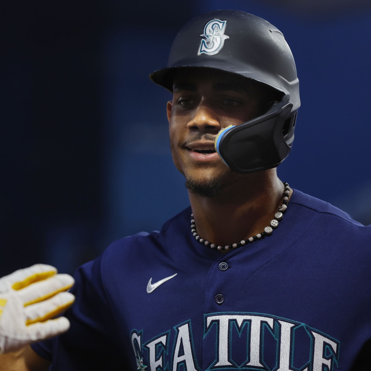 Seattle Mariners' Julio Rodriguez waits for a pitch during an at