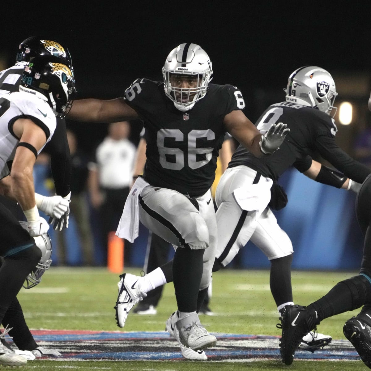 Las Vegas Raiders guard Dylan Parham (66) walks the sideline before an NFL  football game against the Jacksonville Jaguars on Sunday, Nov. 6, 2022, in  Jacksonville, Fla. (AP Photo/Gary McCullough Stock Photo - Alamy