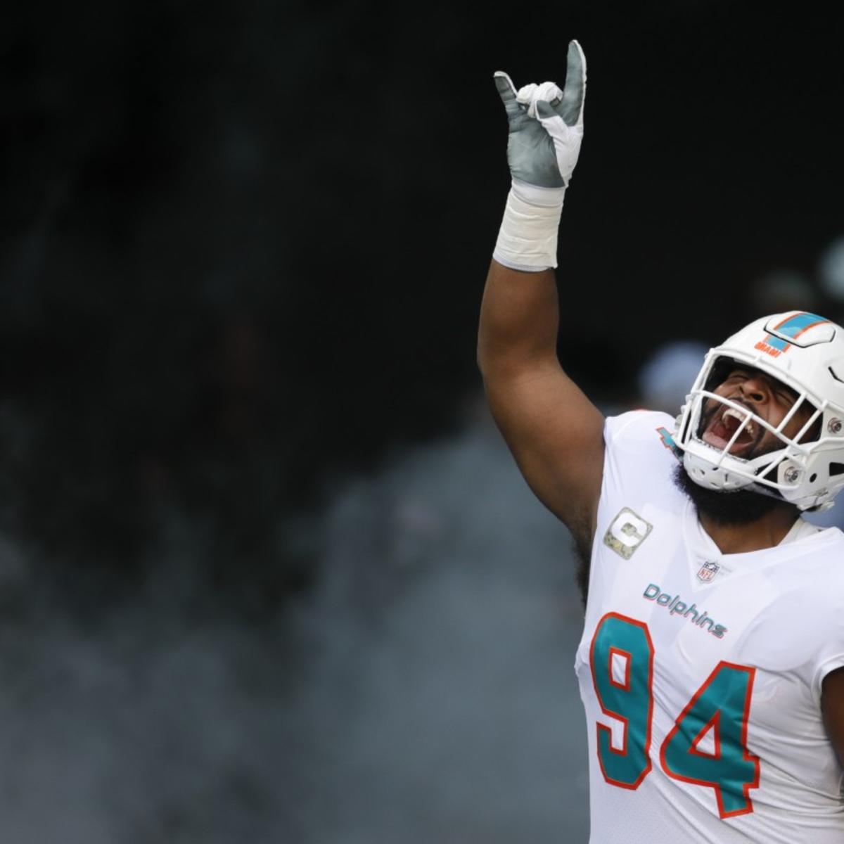 Miami Dolphins defensive tackle Christian Wilkins (94) reacts after a play  during an NFL football game against the San Francisco 49ers, Sunday, Dec.4,  2022, in Santa Clara, Calif. (AP Photo/Scot Tucker Stock