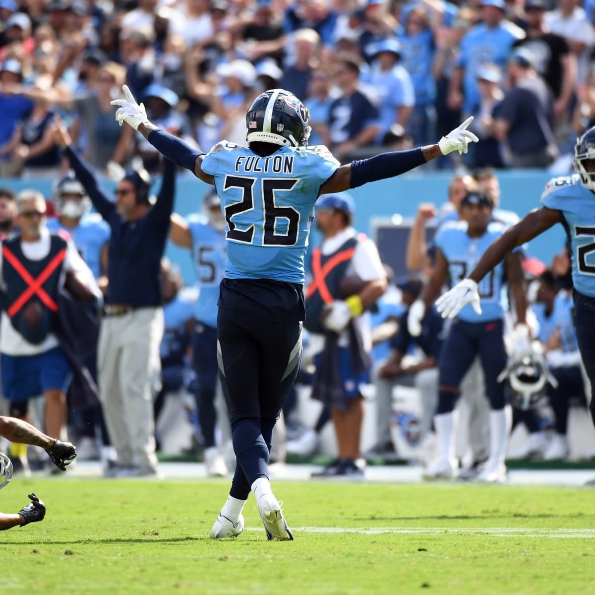 Tennessee Titans cornerback Kristian Fulton (26) celebrates after incepting  a pass during the first half of an NFL football game against the New York  Jets, Sunday, Oct. 3, 2021, in East Rutherford. (