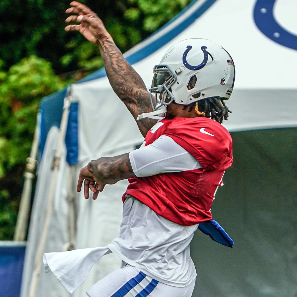 MJ Acosta of the NFL Network works before before an NFL football game  between the Oakland Raiders and the Indianapolis Colts in Indianapolis,  Sunday, Sept. 29, 2019. (AP Photo/Doug McSchooler Stock Photo 