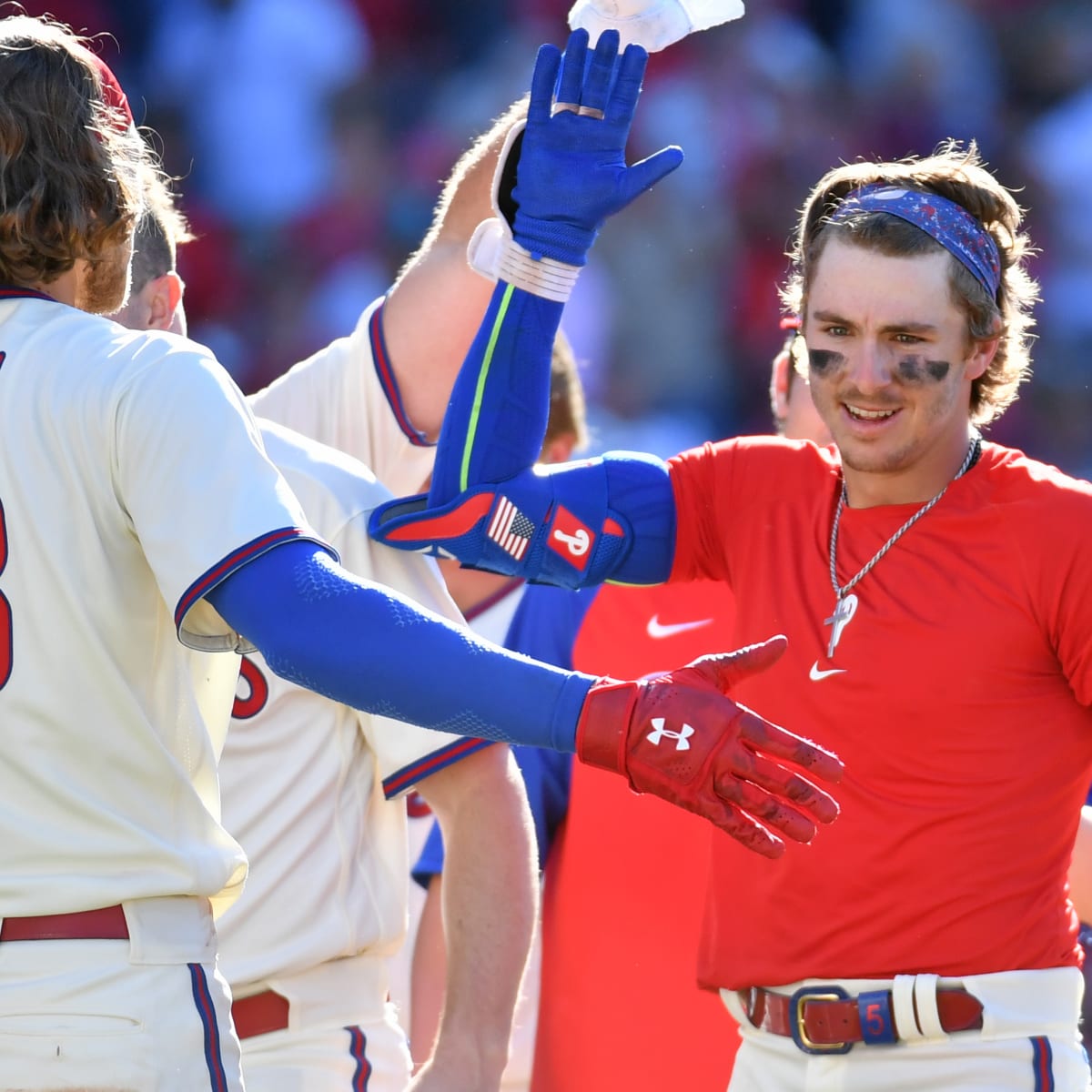 Nick Maton was all smiles after managing to get a base hit off his