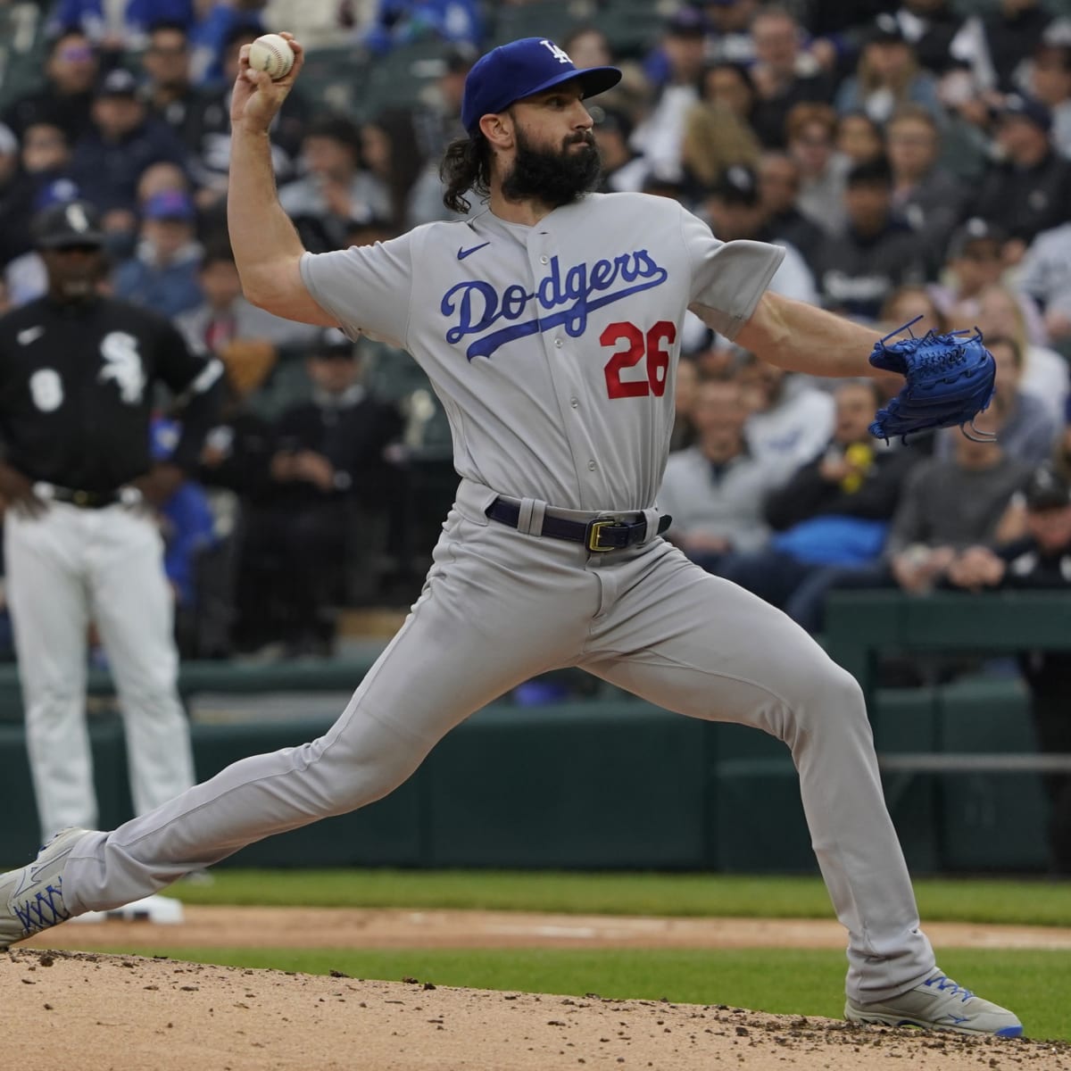 Los Angeles Dodgers pitcher Tony Gonsolin looks on before the MLB