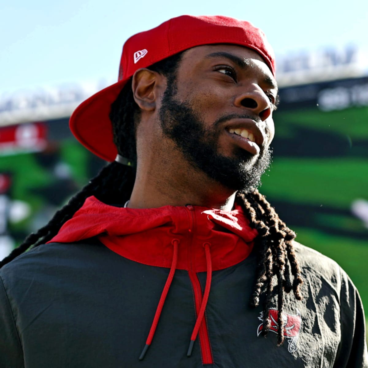 Former NFL player Richard Sherman talks in the  Prime Video broadcast  booth before a preseason NFL football game between the Los Angeles Rams and  the Houston Texans Friday, Aug. 19, 2022