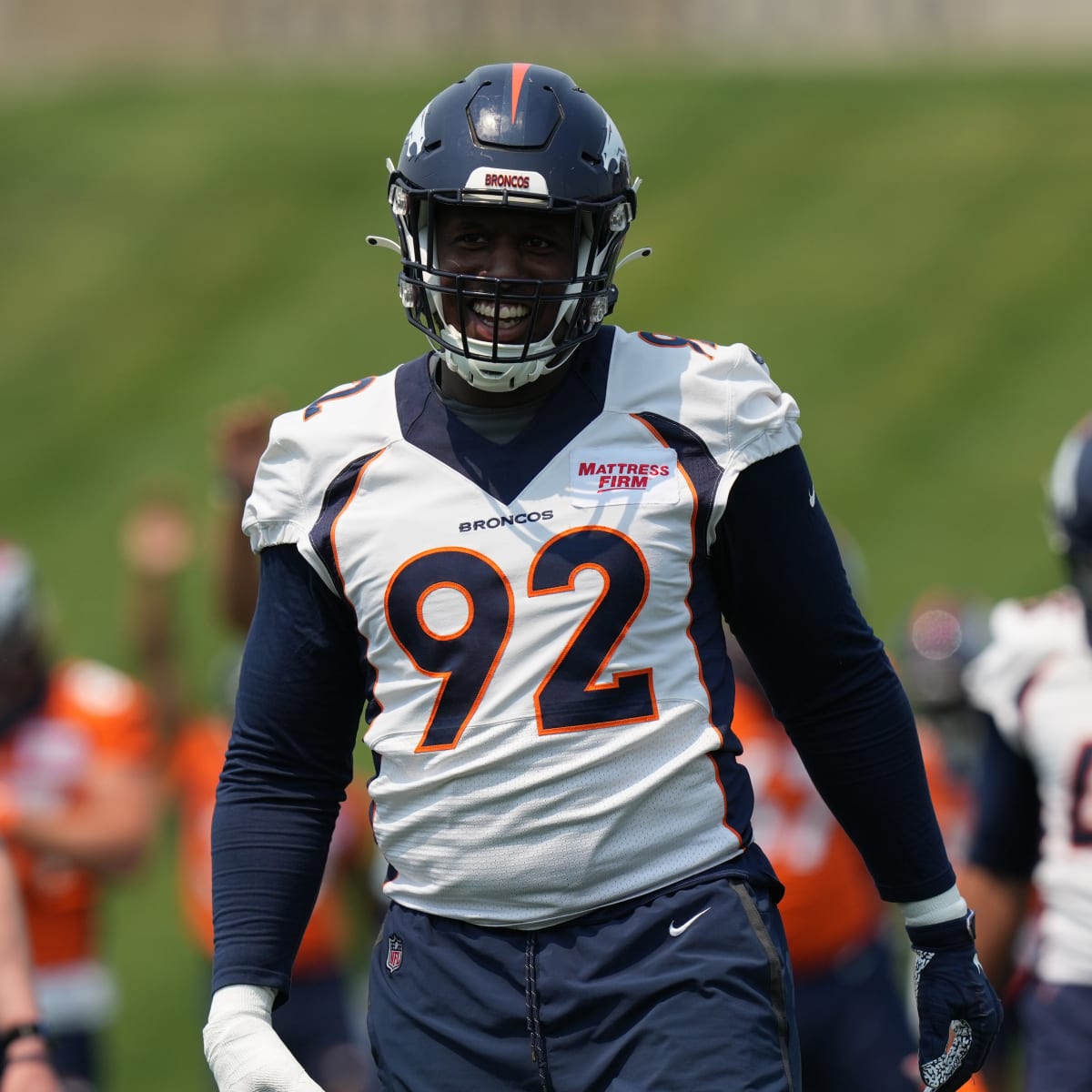 Denver Broncos defensive lineman Jonathan Harris (92) walks on the  sidelines before the second half of an NFL football game against the Tennessee  Titans Sunday, Nov. 13, 2022, in Nashville, Tenn. (AP