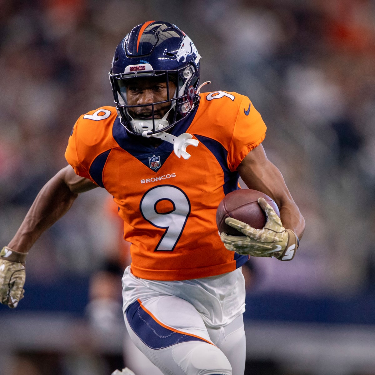 Denver Broncos wide receiver Kendall Hinton (9) celebrates his