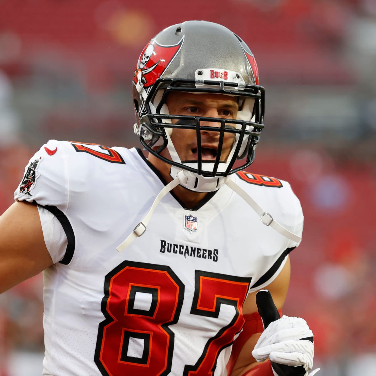 TAMPA, FL - DECEMBER 12: Tampa Bay Buccaneers Tight End Rob Gronkowski (87)  runs for yardage after making a catch during the regular season game  between the Buffalo Bills and the Tampa