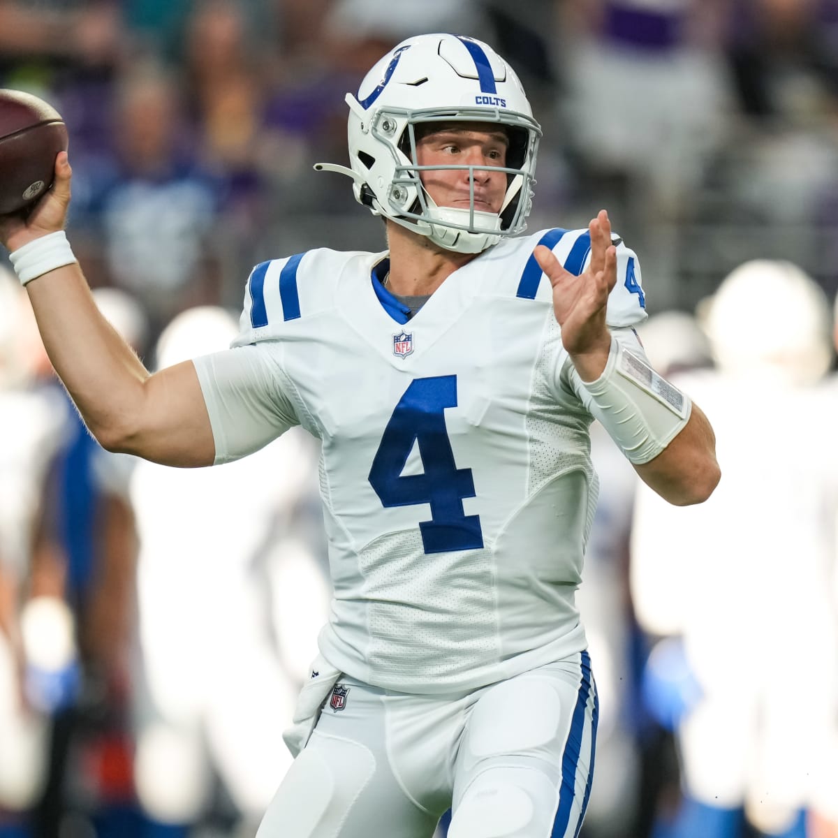 INDIANAPOLIS, IN - OCTOBER 17: Indianapolis Colts Quarterback Sam Ehlinger  (4) warms up prior to an NFL game between the Houston Texans and the  Indianapolis Colts on October 17, 2021 at Lucas