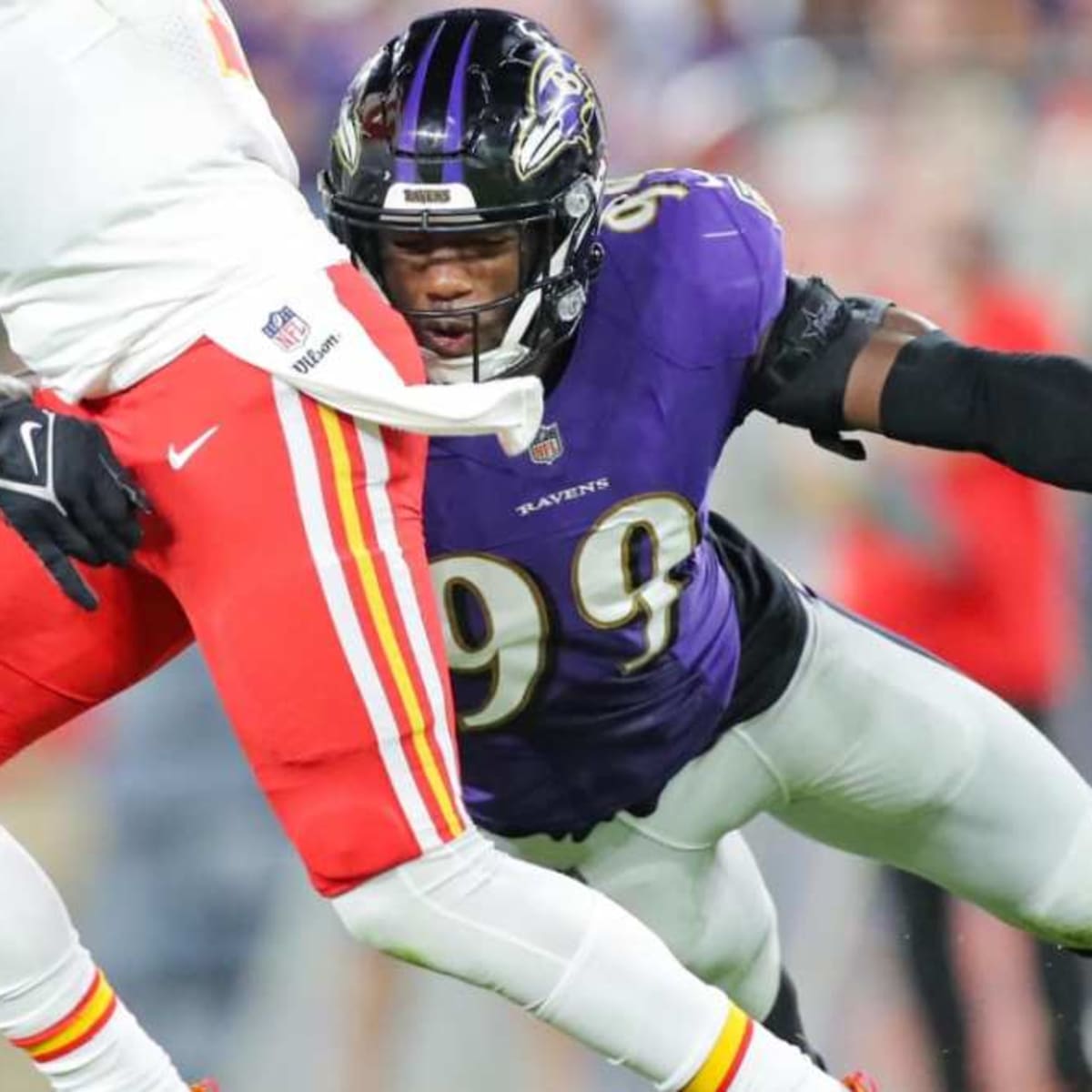 Baltimore Ravens outside linebacker Odafe Oweh (99) in action during the  first half of an NFL football game against the Green Bay Packers, Sunday,  Dec. 19, 2021, in Baltimore. (AP Photo/Terrance Williams