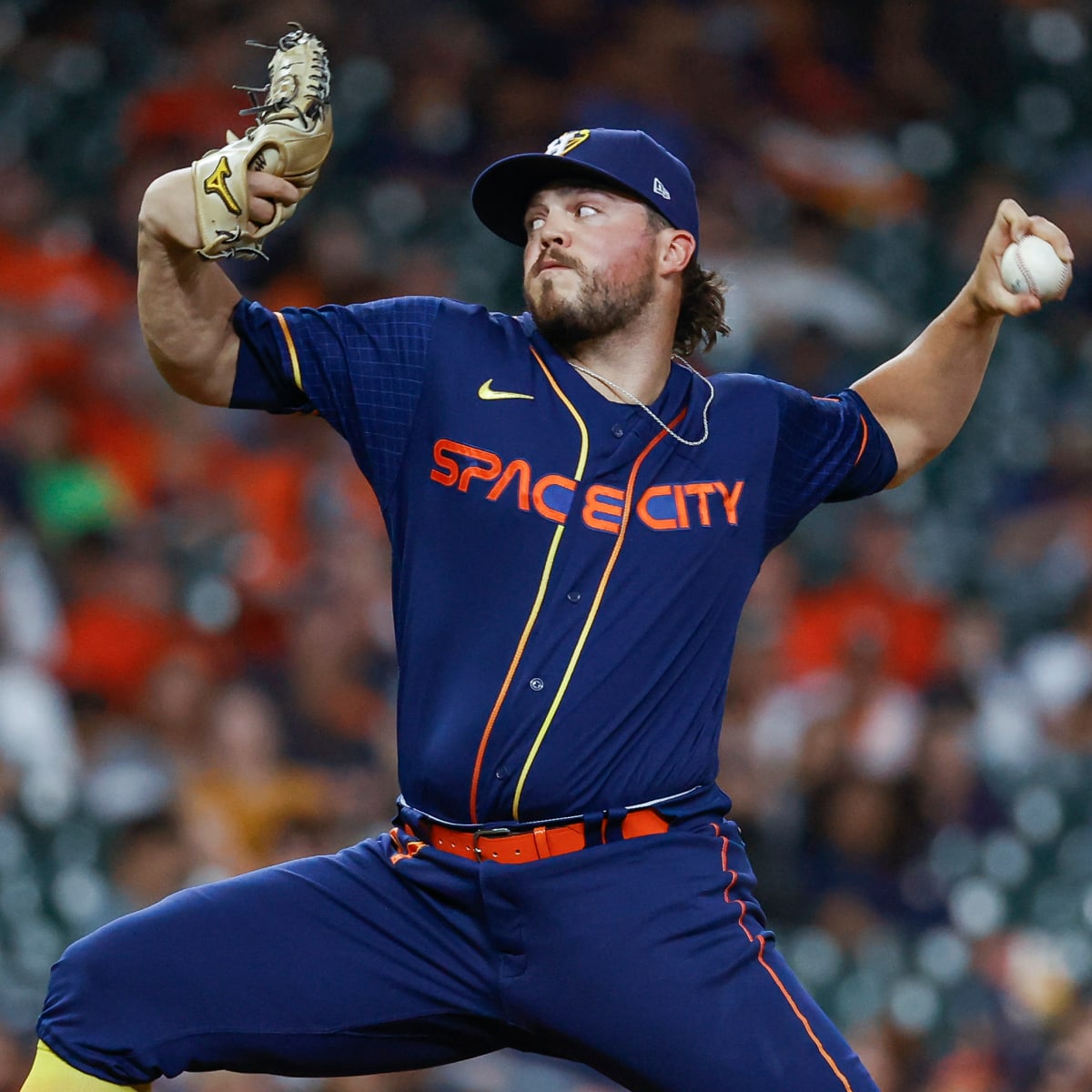 Houston Astros relief pitcher Parker Mushinski looks in at the plate during  the fifth inning of a baseball game against the Texas Rangers, Monday, July  24, 2023, in Houston. (AP Photo/Kevin M.
