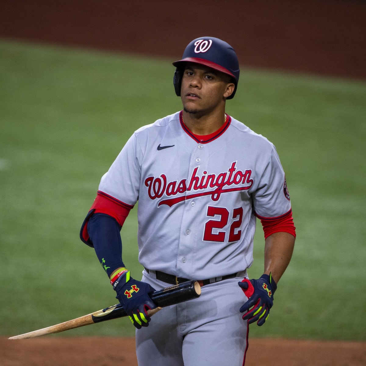 Juan Soto of the Washington Nationals reacts after striking out