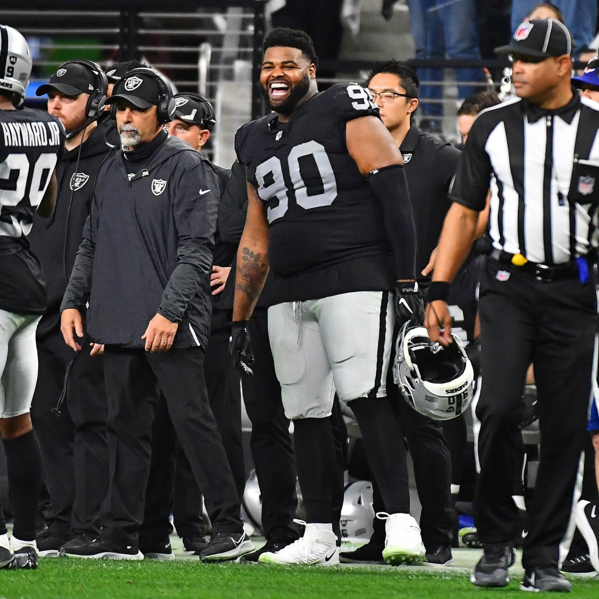 Las Vegas Raiders defensive tackle Kendal Vickers (95) stands on the field  before a NFL preseason