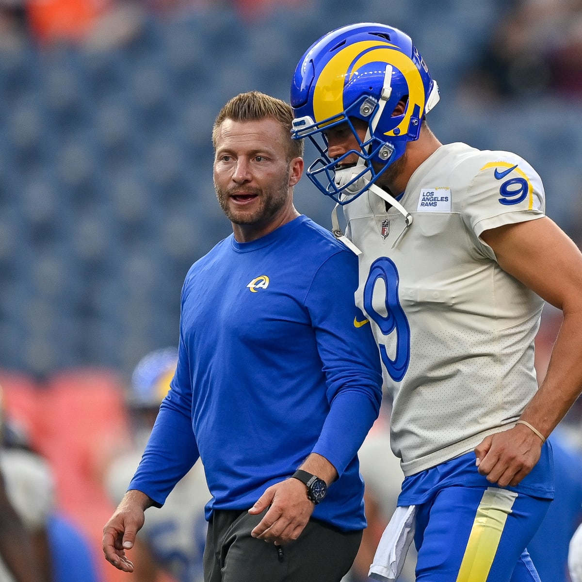 Los Angeles Rams quarterback Matthew Stafford (9) hugs head coach Sean McVay  after the NFL Supe …