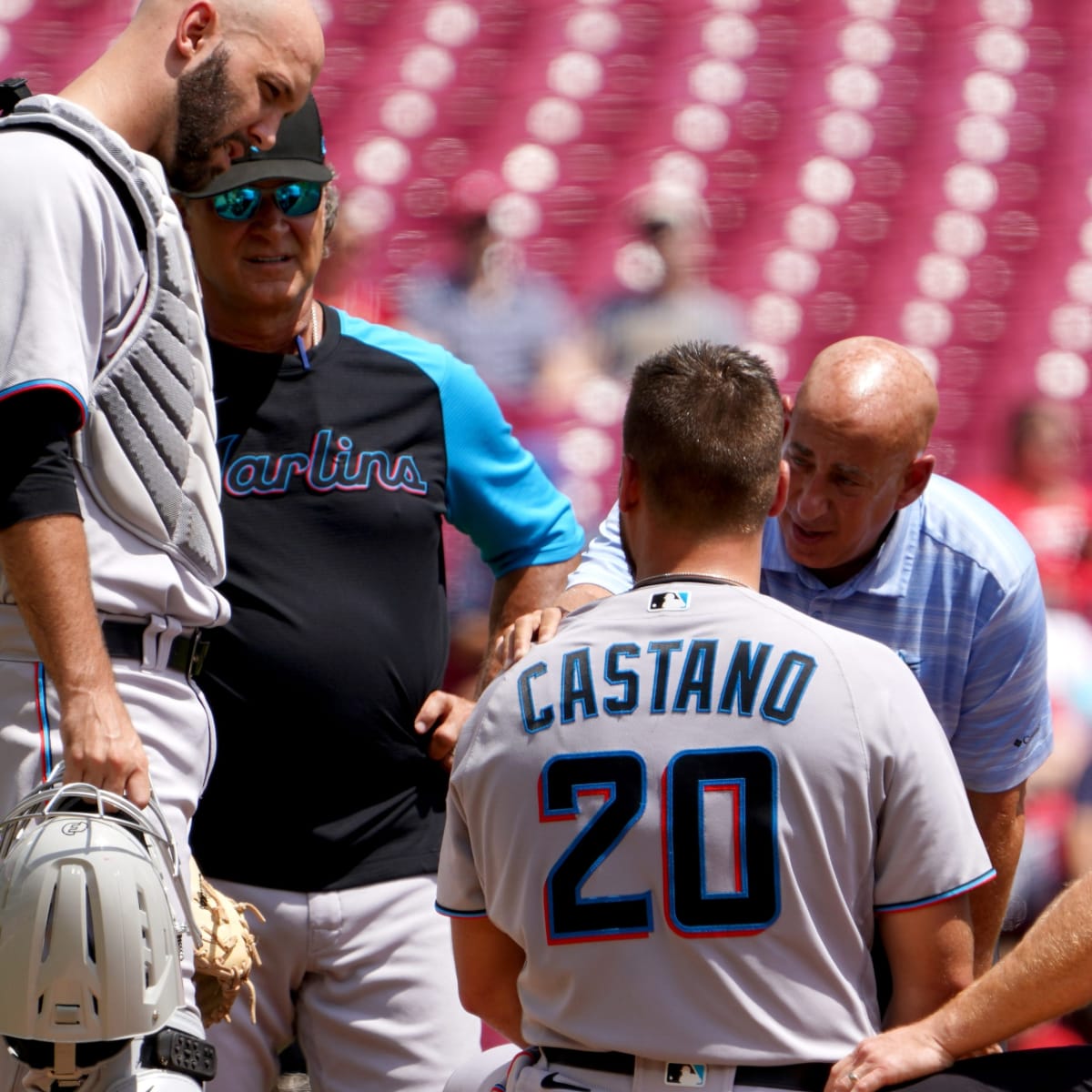 Watch: Marlins pitcher Castano hit in head by line drive off bat