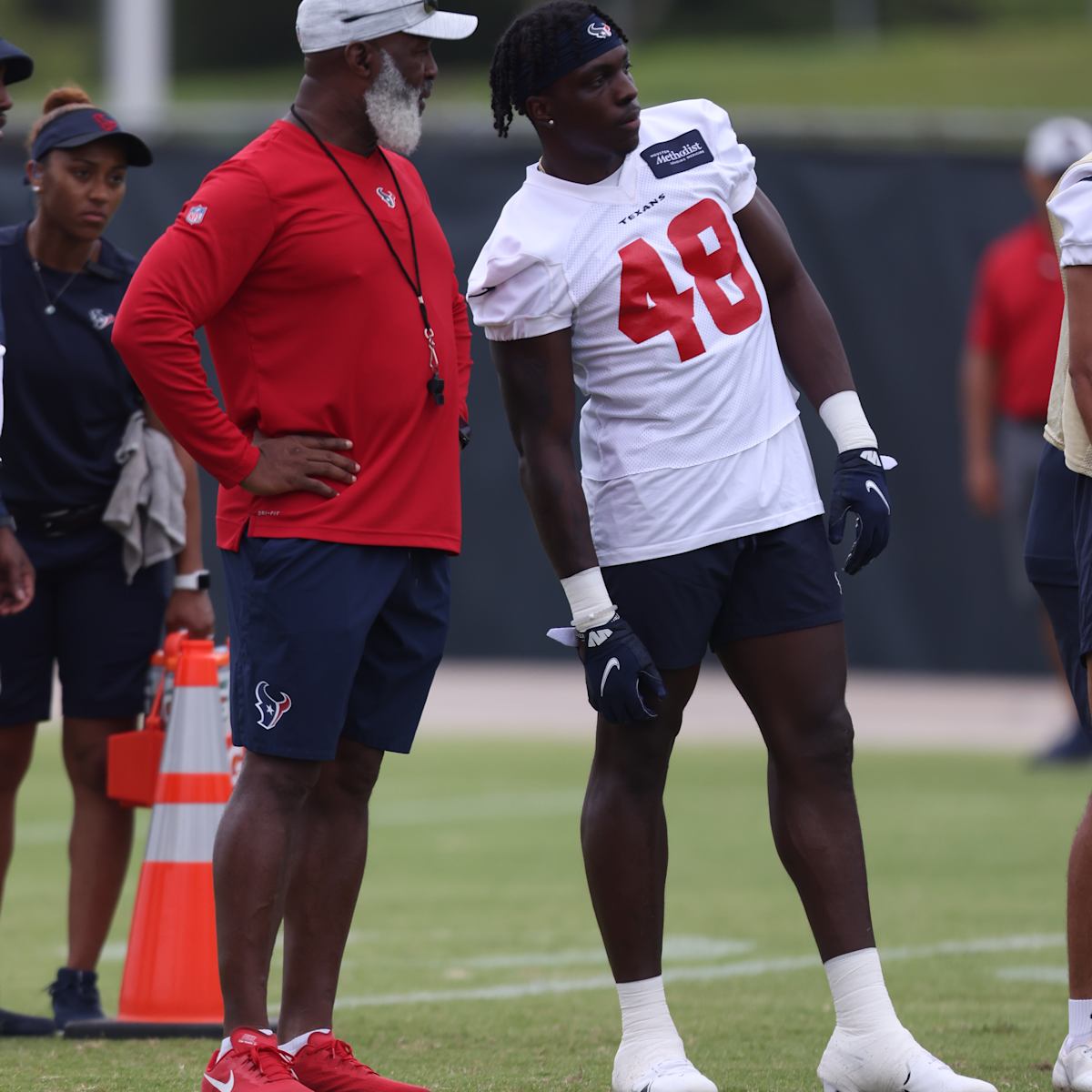 Houston Texans linebacker Christian Harris (48) looks to defend