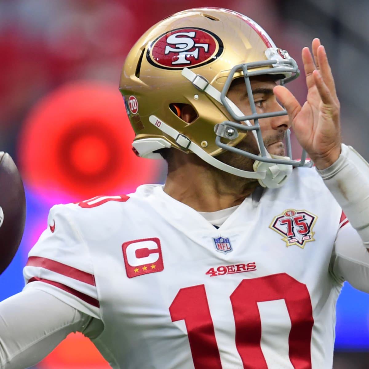 San Jose, California, USA. August 10, 2019: San Francisco 49ers quarterback  Jimmy Garoppolo (10) has a laugh on the sideline during the NFL preseason  game between the Dallas Cowboys and the San