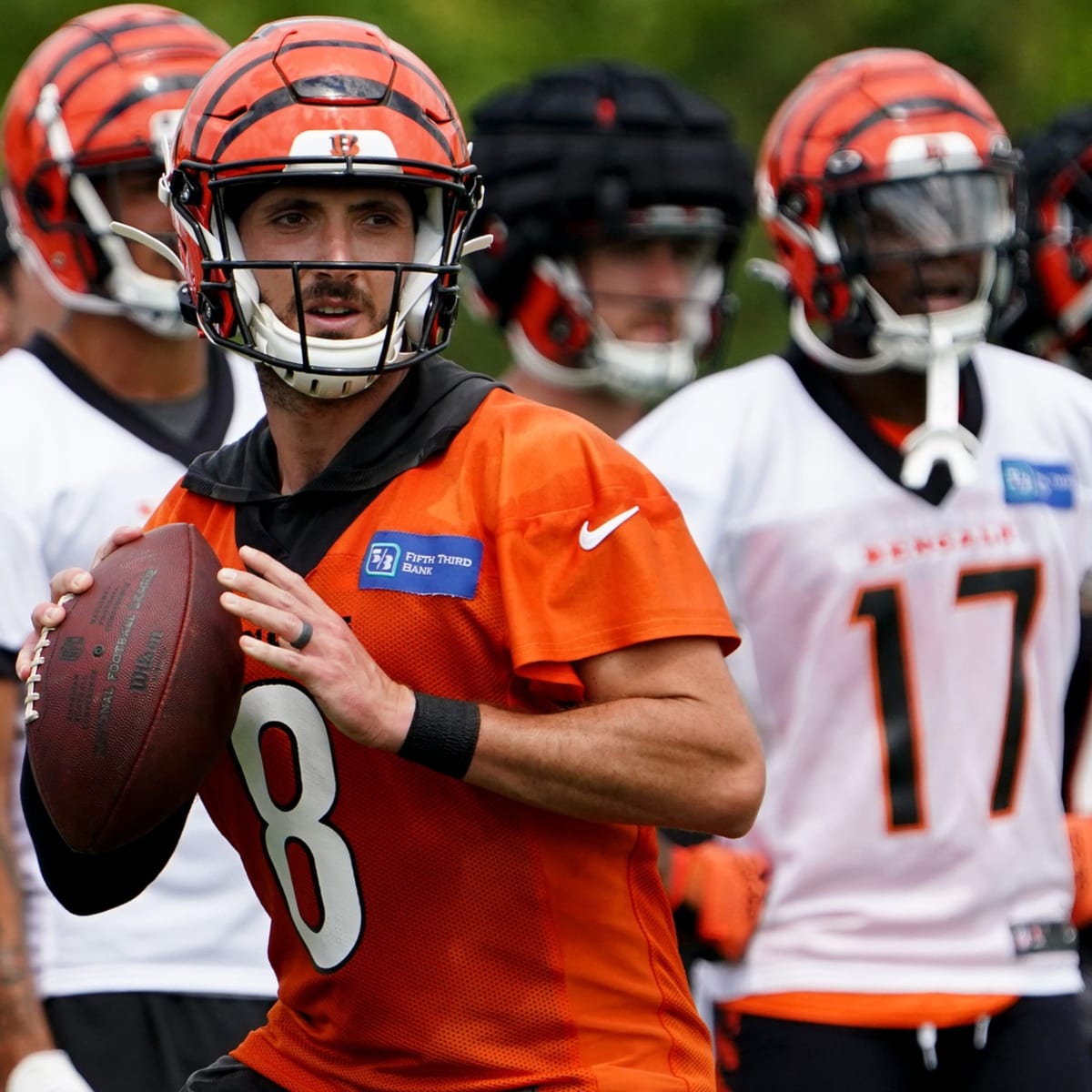 Cincinnati Bengals quarterback Brandon Allen during pre-game warmups before  their NFL AFC Championship football game against the Kansas City Chiefs,  Sunday, Jan. 30, 2022 in Kansas City, Mo.. (AP Photos/Reed Hoffmann Stock