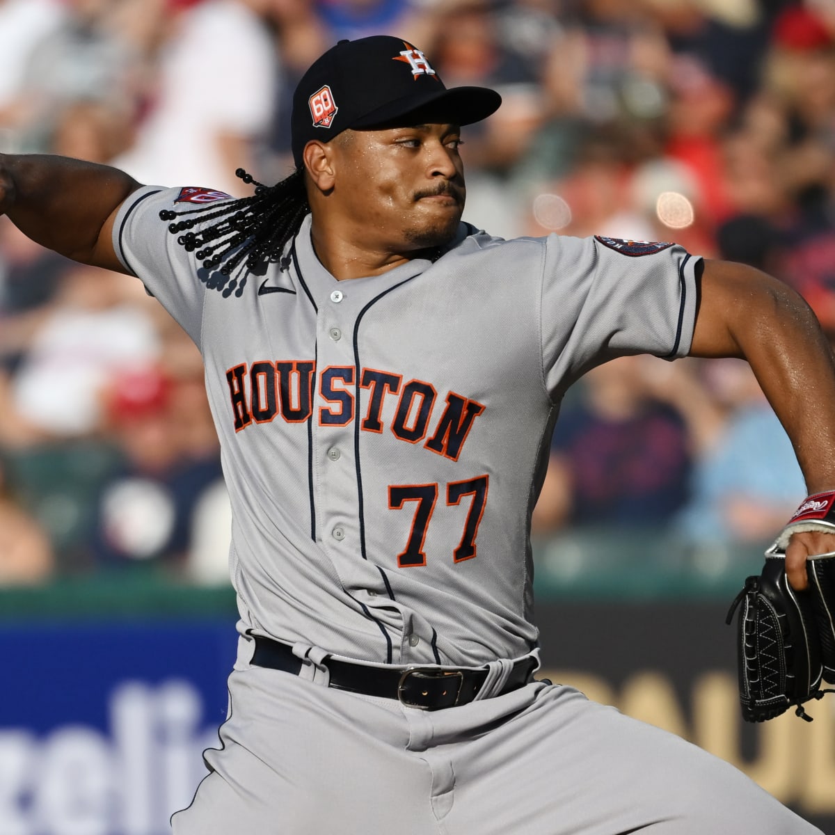 Houston Astros starting pitcher Luis Garcia (77) pitches during