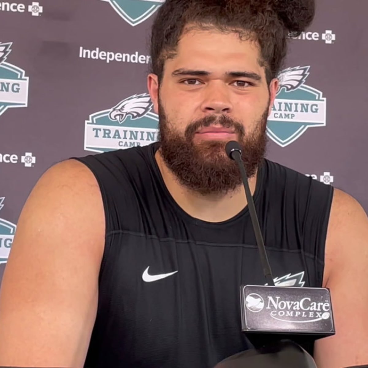 Philadelphia Eagles guard Isaac Seumalo (56) and center Landon Dickerson  (69) take part in drills at the Miami Dolphins' NFL football team's  practice facility, Thursday, Aug. 25, 2022, in Miami Gardens, Fla. (