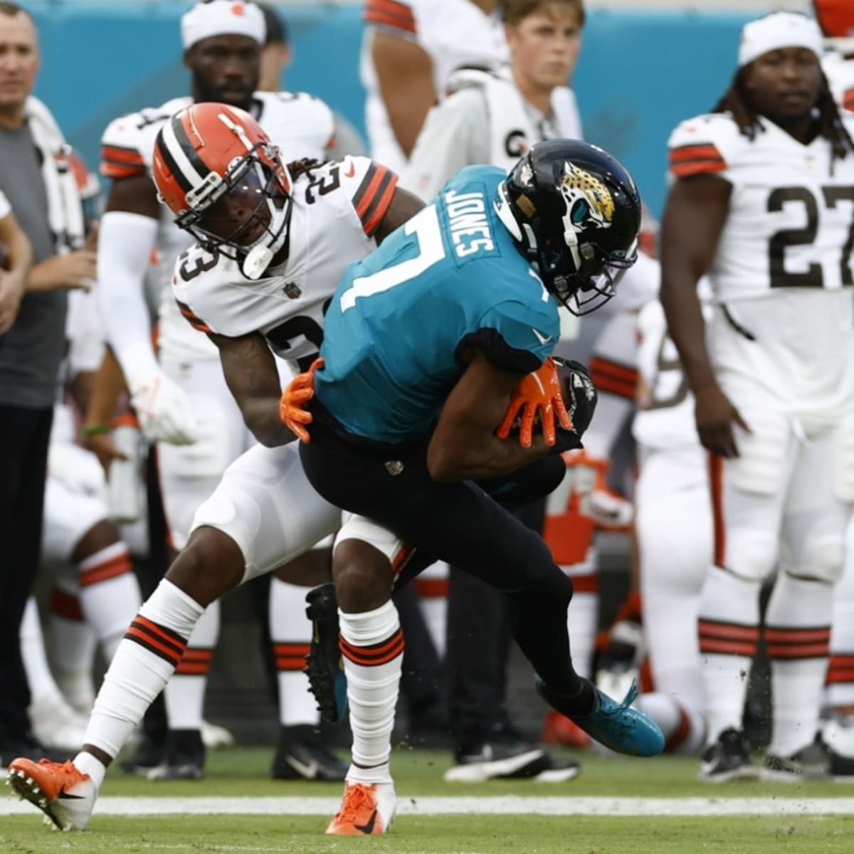 Zay Jones of the Jacksonville Jaguars runs during Training Camp at