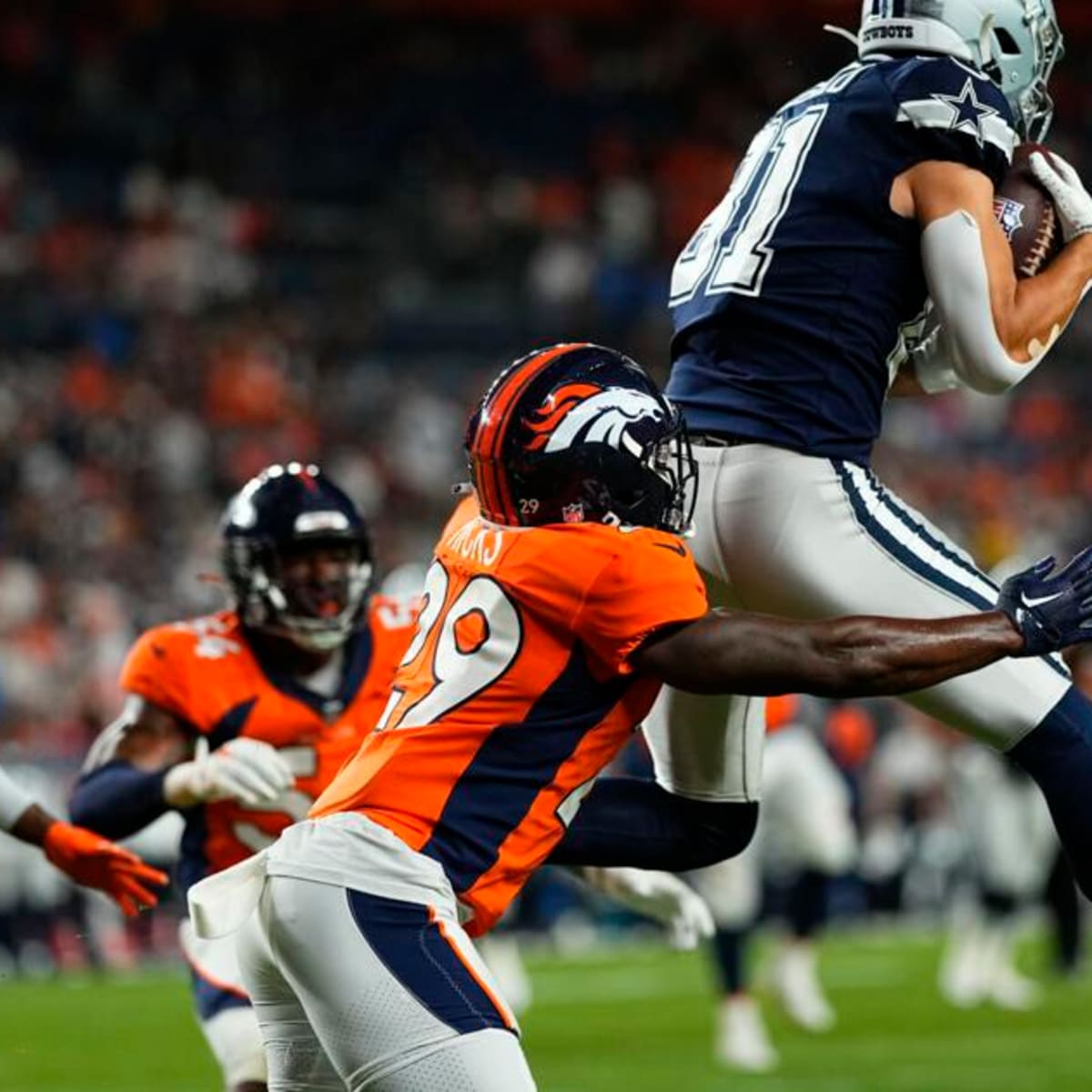 A detail of Dallas Cowboys wide receiver Simi Fehoko (81)'s helmet is seen  before an NFL football game against the Los Angeles Rams Sunday, Oct. 9,  2022, in Inglewood, Calif. (AP Photo/Kyusung