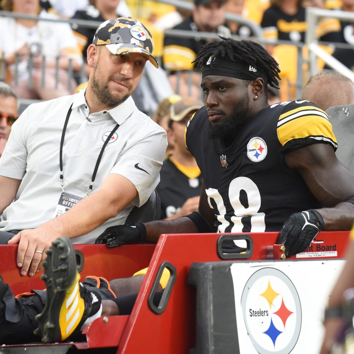 Pittsburgh Steelers safety Karl Joseph (38) is carted off the