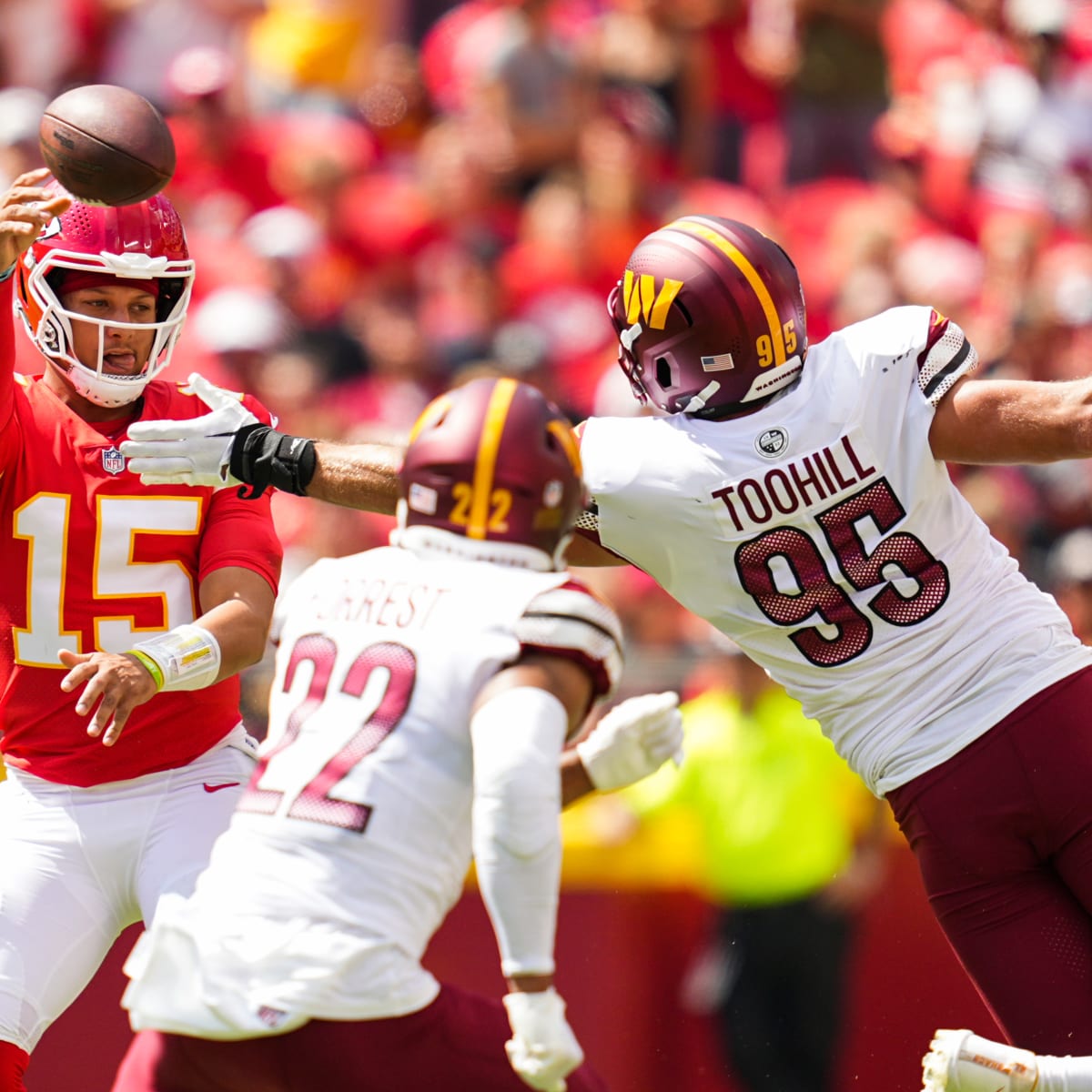 Kansas City Chiefs quarterback Patrick Mahomes (15) throws during an NFL  football game against the Washington Football Team, Sunday, Oct. 17, 2021  in Landover, Md. (AP Photo/Daniel Kucin Jr Stock Photo - Alamy