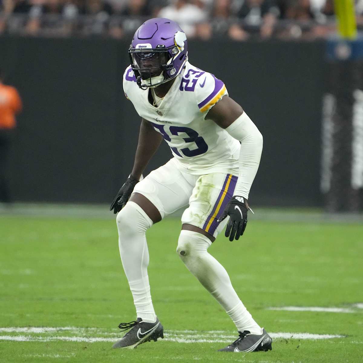 Minnesota Vikings cornerback Andrew Booth Jr. warms up before their game  against the San Francisco 49ers during an NFL preseason football game,  Saturday, Aug. 20, 2022, in Minneapolis. (AP Photo/Craig Lassig Stock