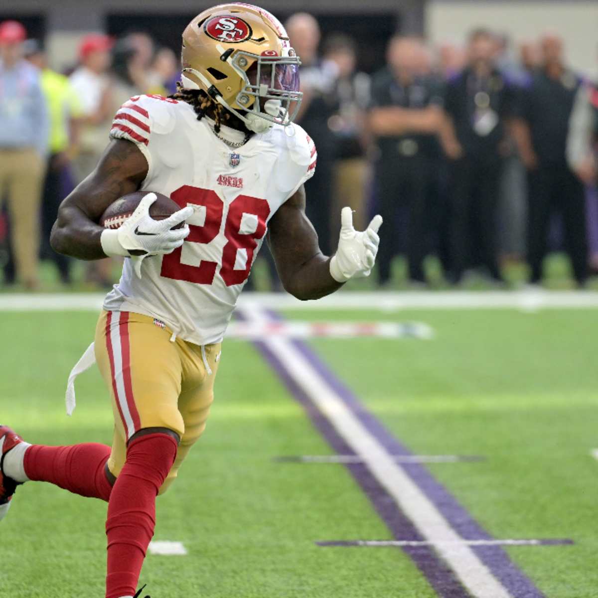 San Francisco 49ers linebacker Oren Burks during a break in action against  the Minnesota Vikings during an NFL preseason football game, Saturday, Aug.  20, 2022, in Minneapolis. (AP Photo/Craig Lassig Stock Photo 