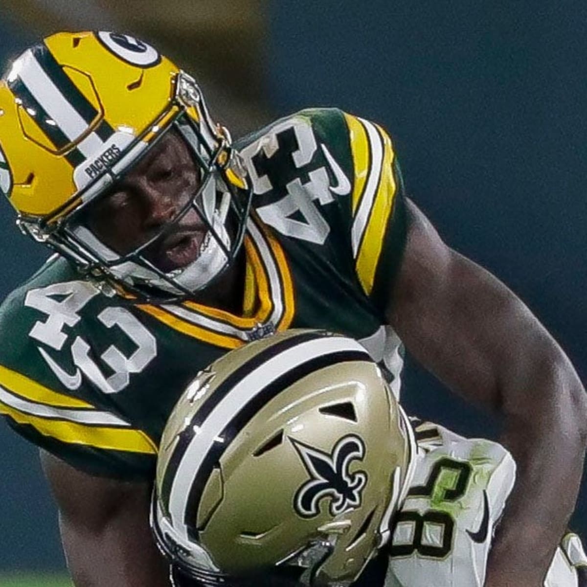 Green Bay Packers cornerback Kiondre Thomas (43) gets set on defense during  an NFL pre-season football game against the Kansas City Chiefs Thursday,  Aug. 25, 2022, in Kansas City, Mo. (AP Photo/Peter