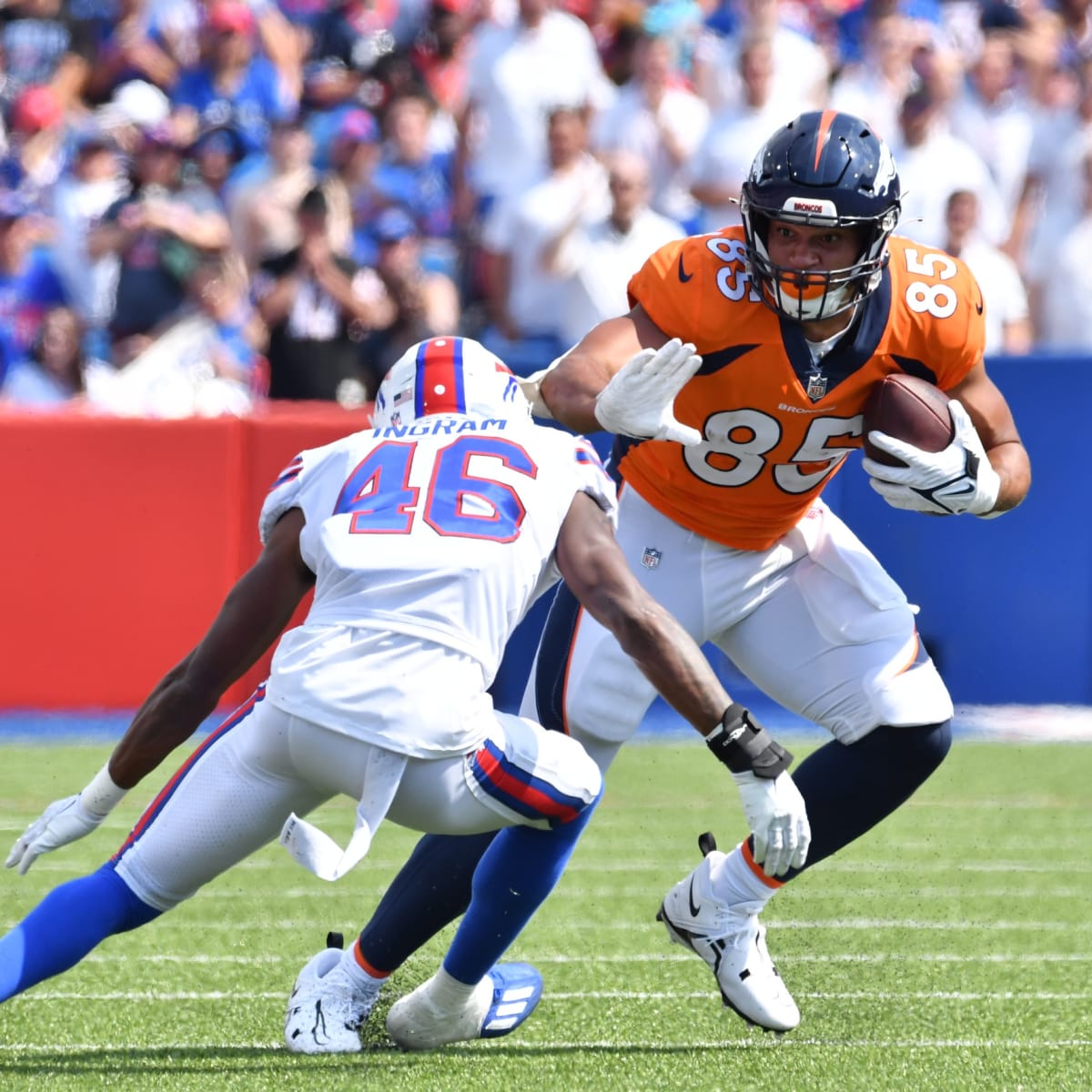 Denver Broncos tight end Dylan Parham (48) makes a catch as