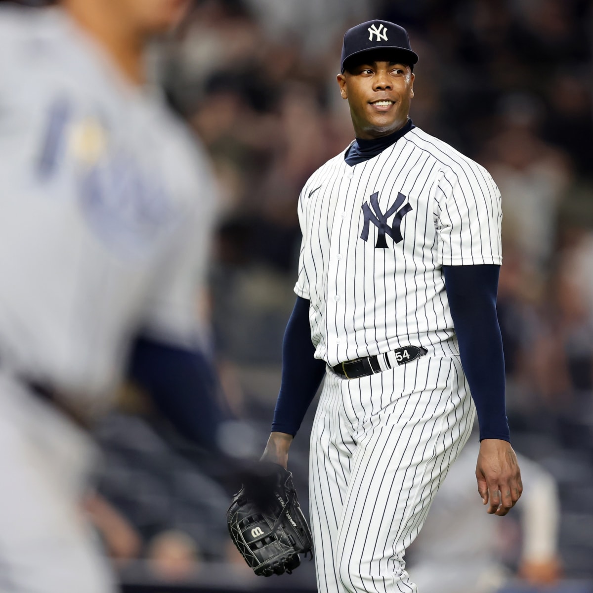 New York Yankees Aroldis Chapman shows his 2016 World Series Championship  Ring before the game against the Chic…