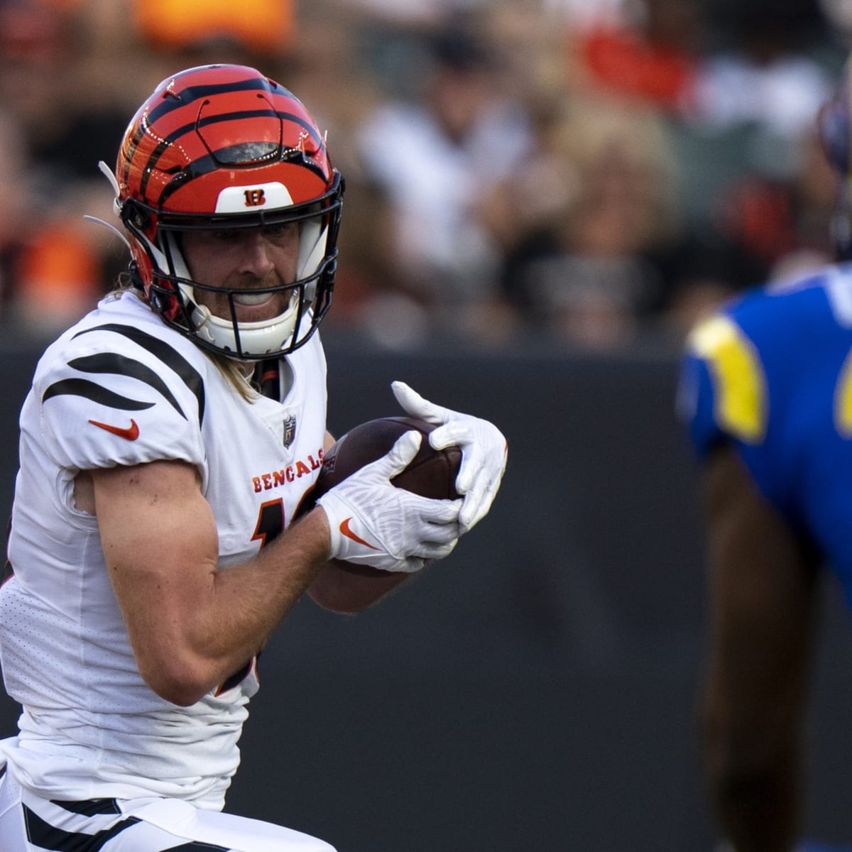 Cincinnati Bengals wide receiver Trenton Irwin (16) celebrates his  touchdown in the second half during an NFL football game against the  Cleveland Browns, Sunday, Dec. 11, 2022, in Cincinnati. (AP Photo/Emilee  Chinn