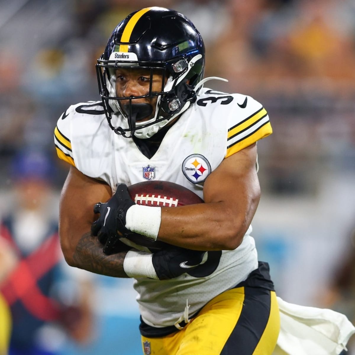 Jaylen Warren of the Pittsburgh Steelers runs the ball during the News  Photo - Getty Images