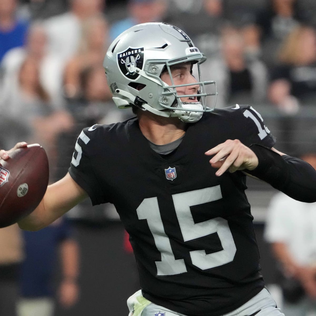 Las Vegas Raiders quarterback Chase Garbers (14) throws a passbefore an NFL  preseason football game against the Los Angeles Rams, Saturday, Aug. 19,  2023, in Inglewood, Calif. (AP Photo/Kyusung Gong Stock Photo - Alamy