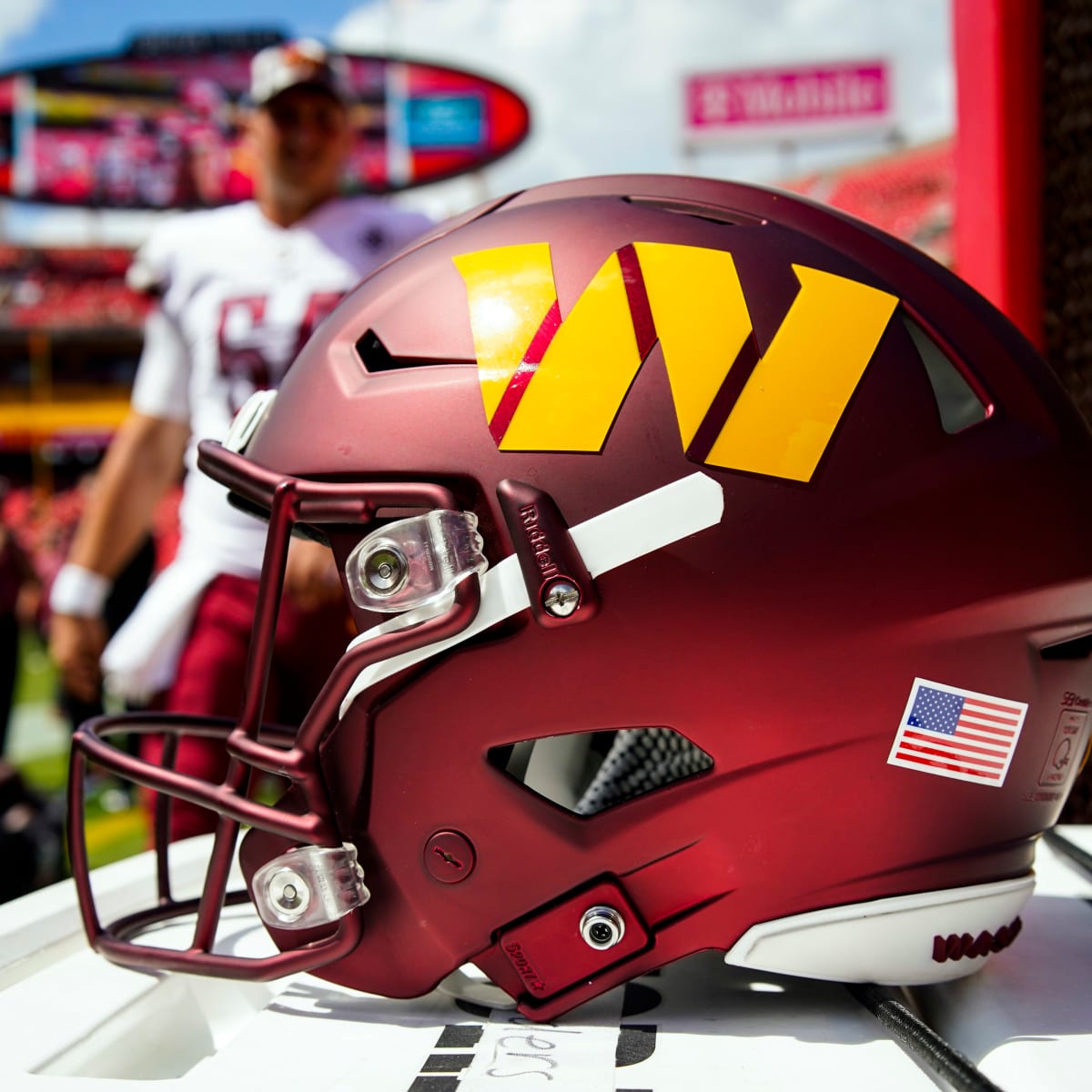 A view of a Washington Commanders helmet on display during a press