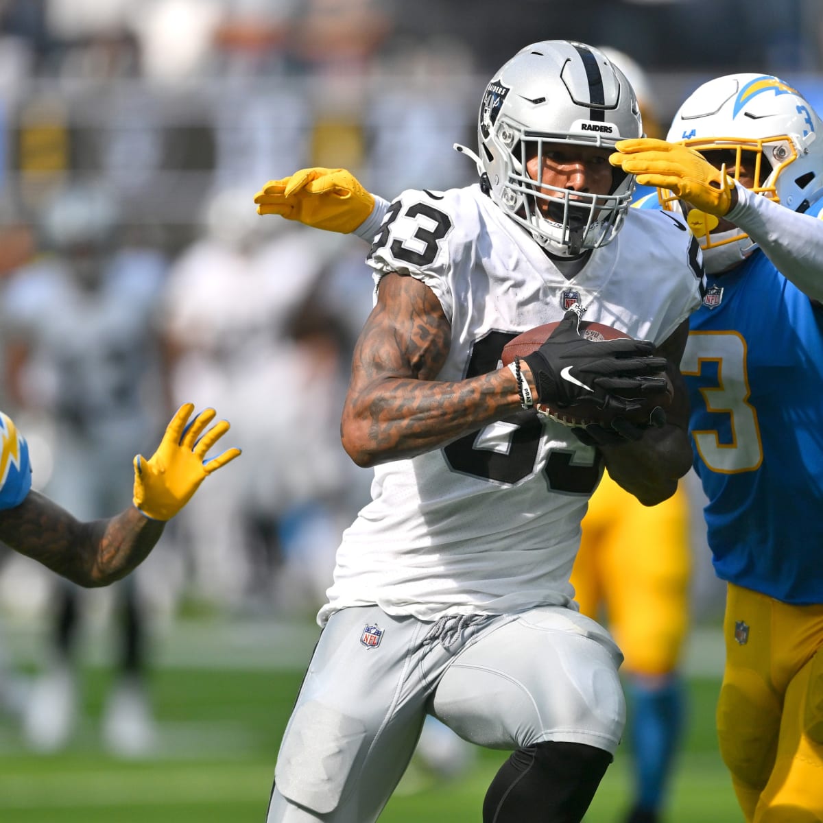 FILE - Las Vegas Raiders tight end Darren Waller looks on before playing  the Cincinnati Bengals in an NFL football game Nov. 21, 2021, in Las Vegas.  For Waller, the hardest part